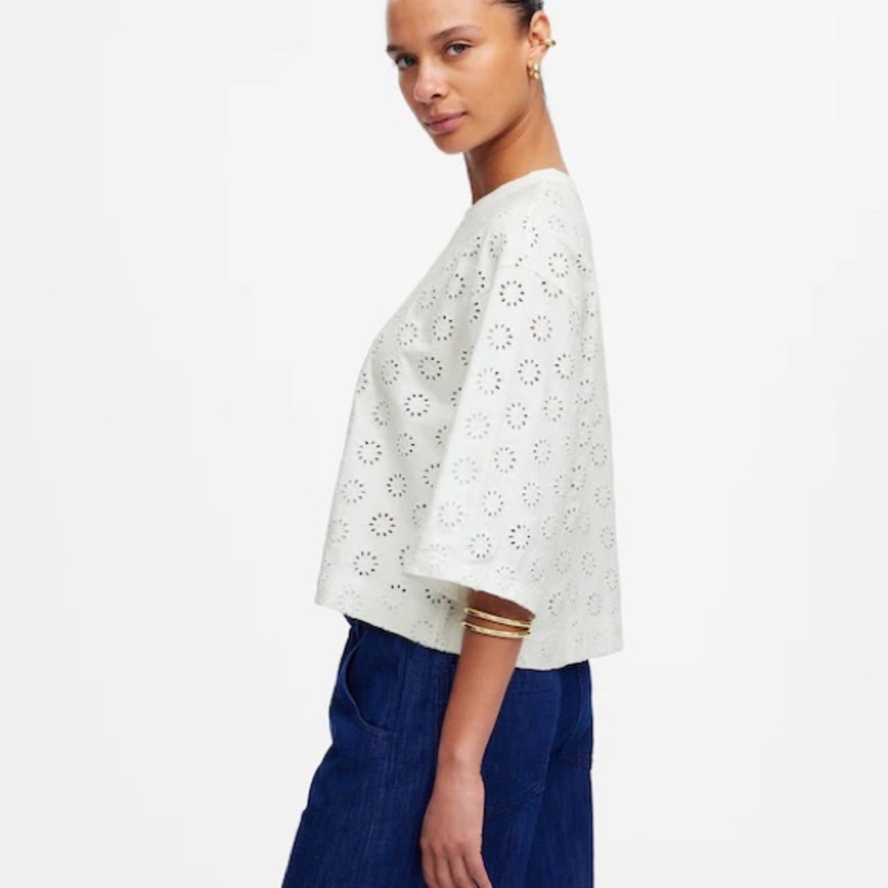 MADEWELL White Embroidered Wide-Sleeve Boxy Tee Shirt Top Size Small - Picture 2 of 4
